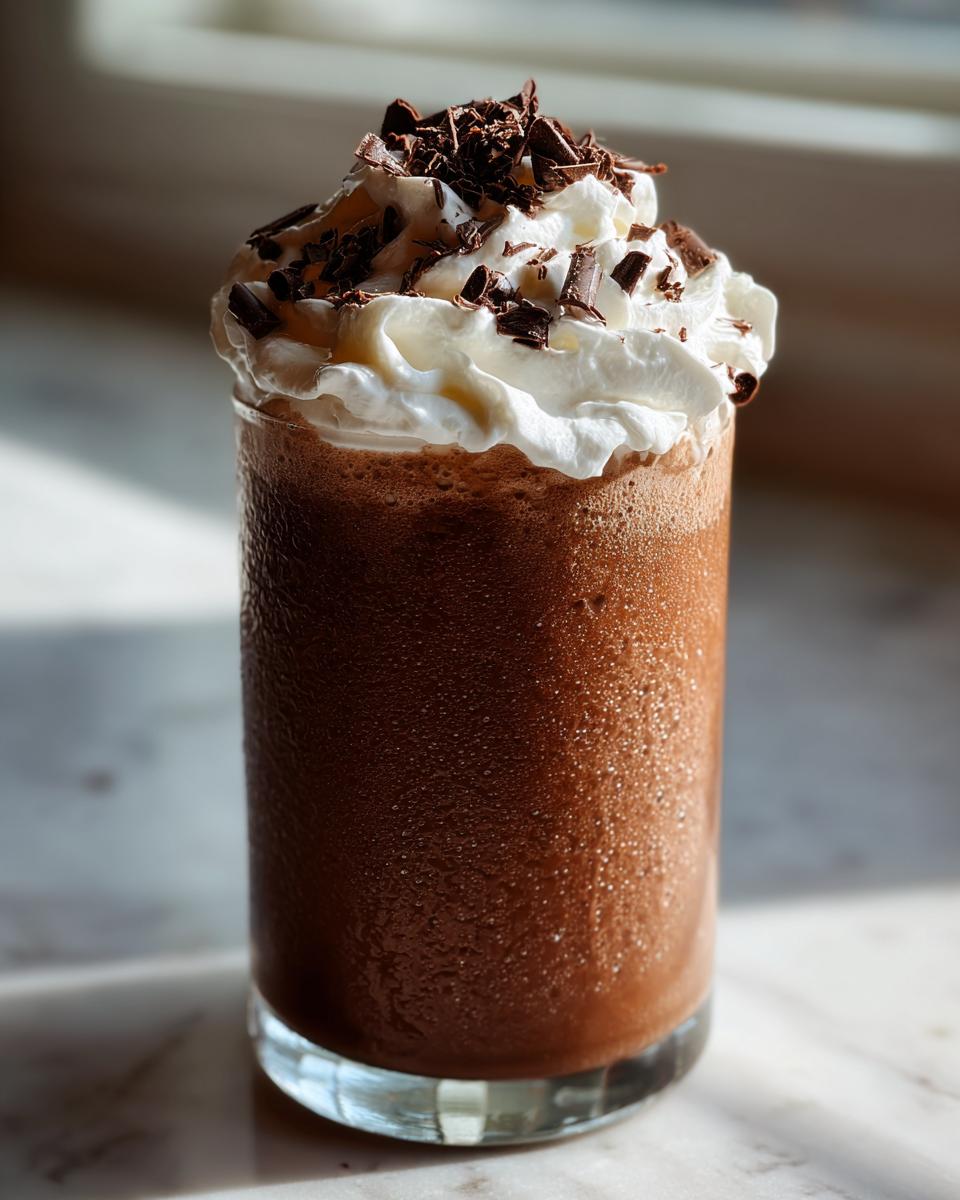 A tall glass of rich, blended frozen hot chocolate topped with whipped cream and chocolate shavings.