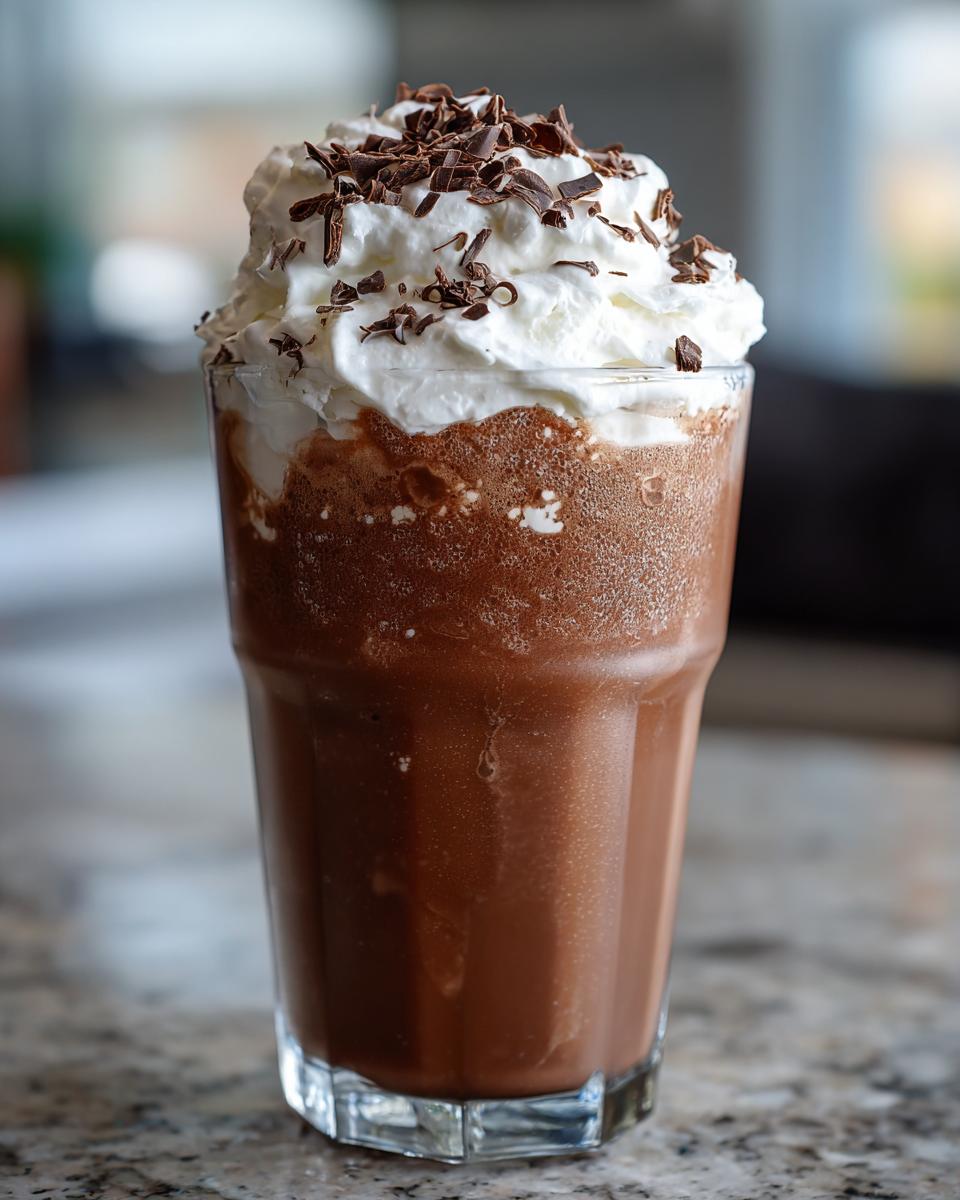 A tall glass filled with rich, blended frozen hot chocolate topped with whipped cream and chocolate shavings.