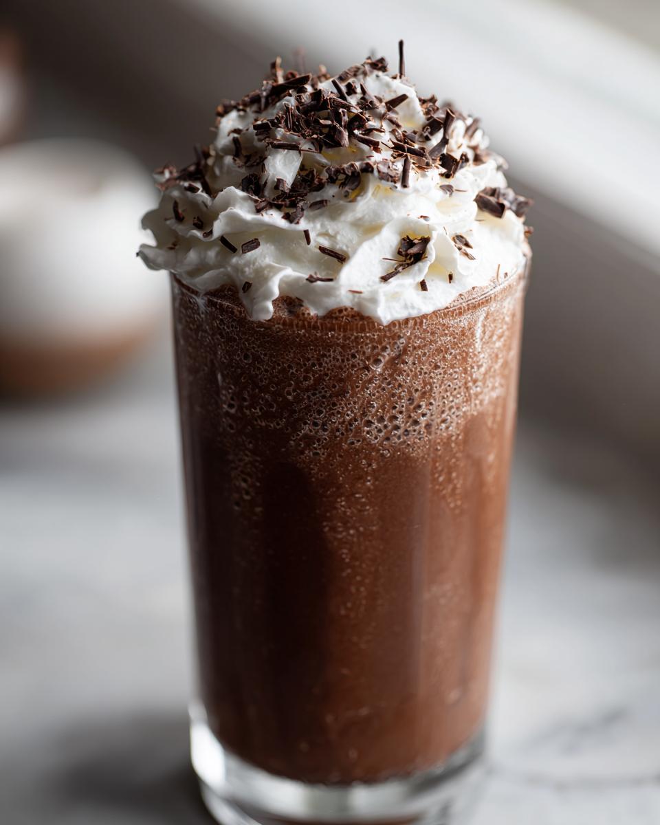 A tall glass filled with blended frozen hot chocolate, topped with whipped cream and chocolate shavings.