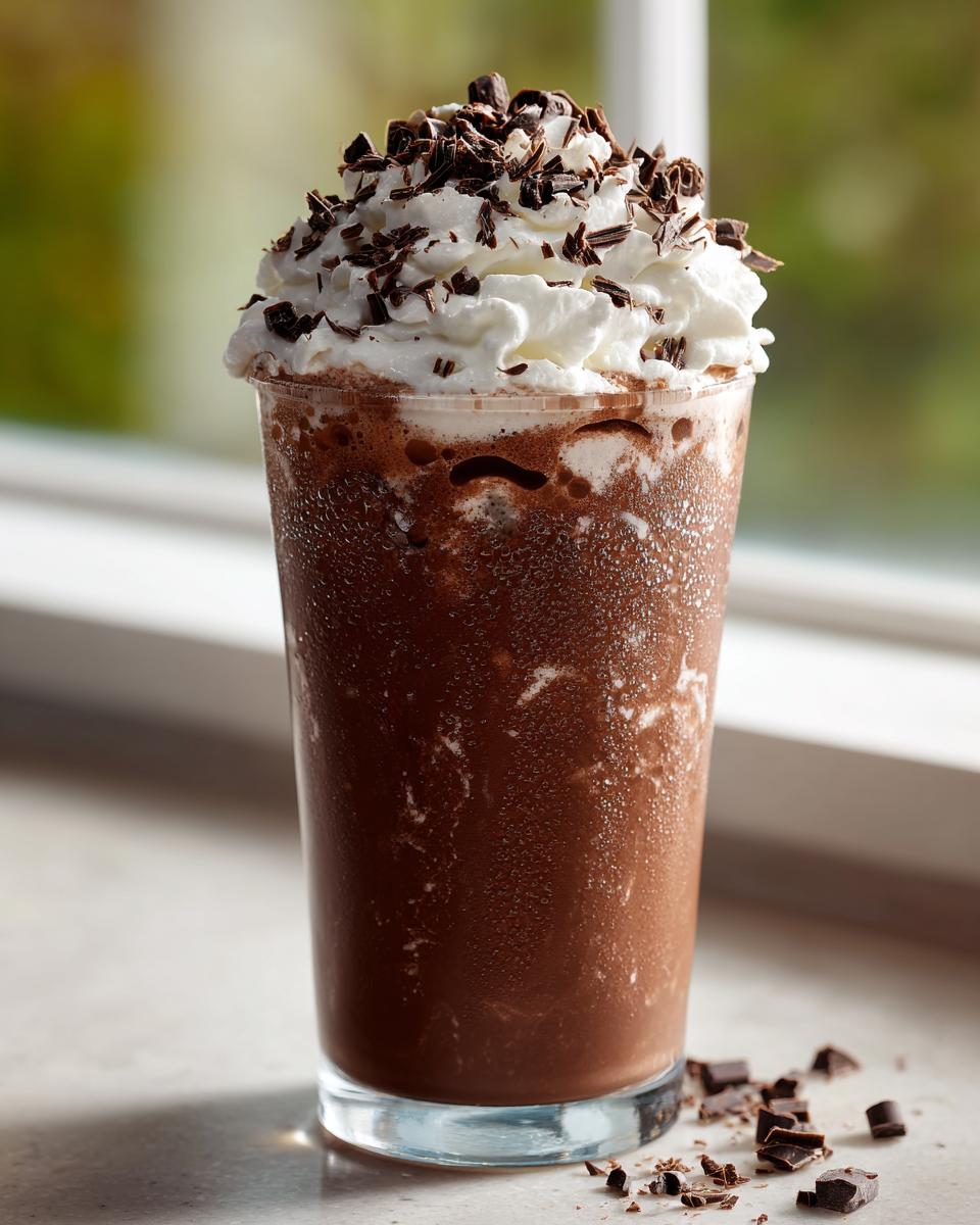 A tall, frosty glass filled with rich frozen hot chocolate, topped with whipped cream and chocolate shavings.
