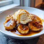 Close-up of caramelized bananas foster slices topped with melting vanilla ice cream and caramel sauce.