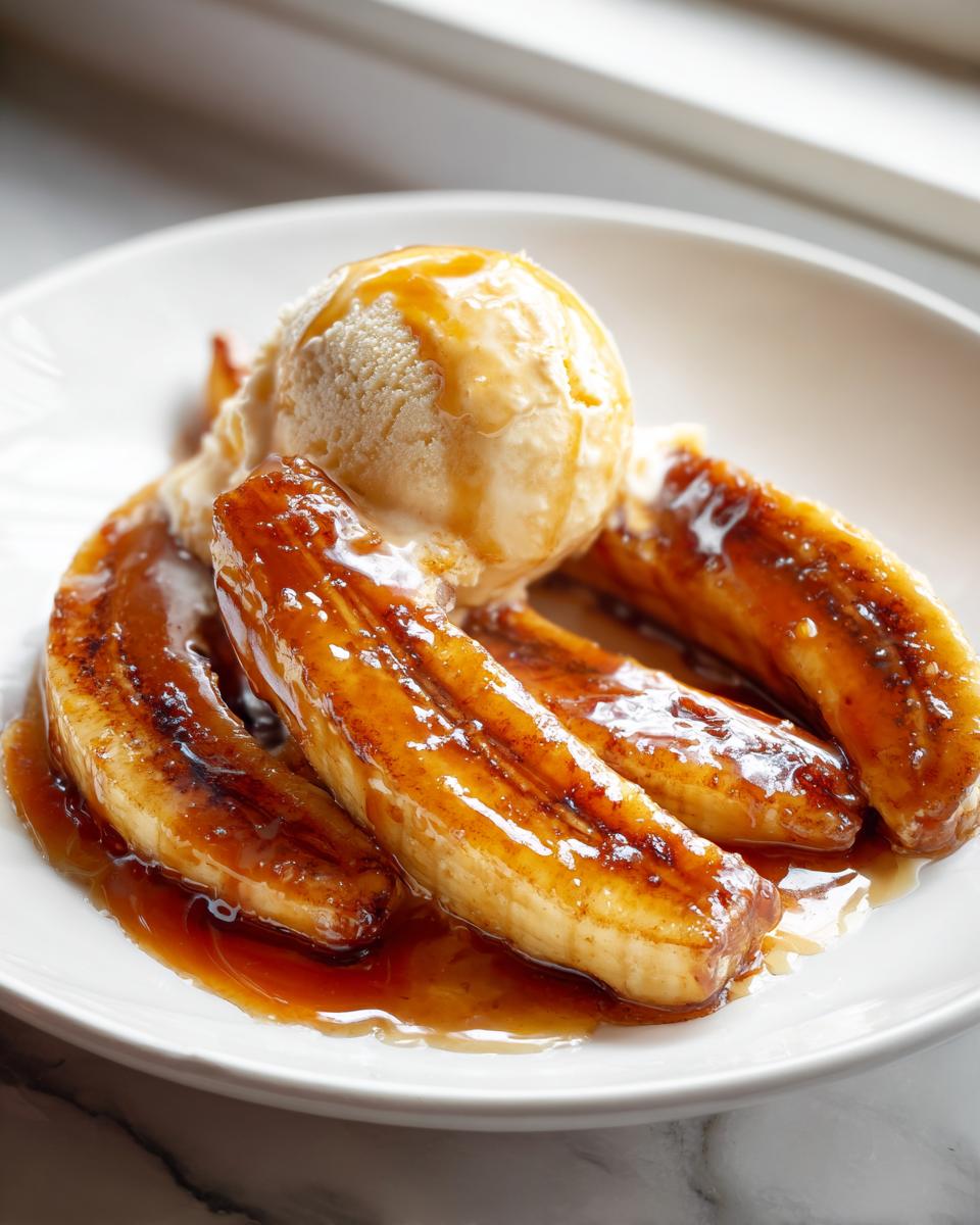 Close-up of caramelized bananas foster halves topped with a scoop of melting vanilla ice cream.