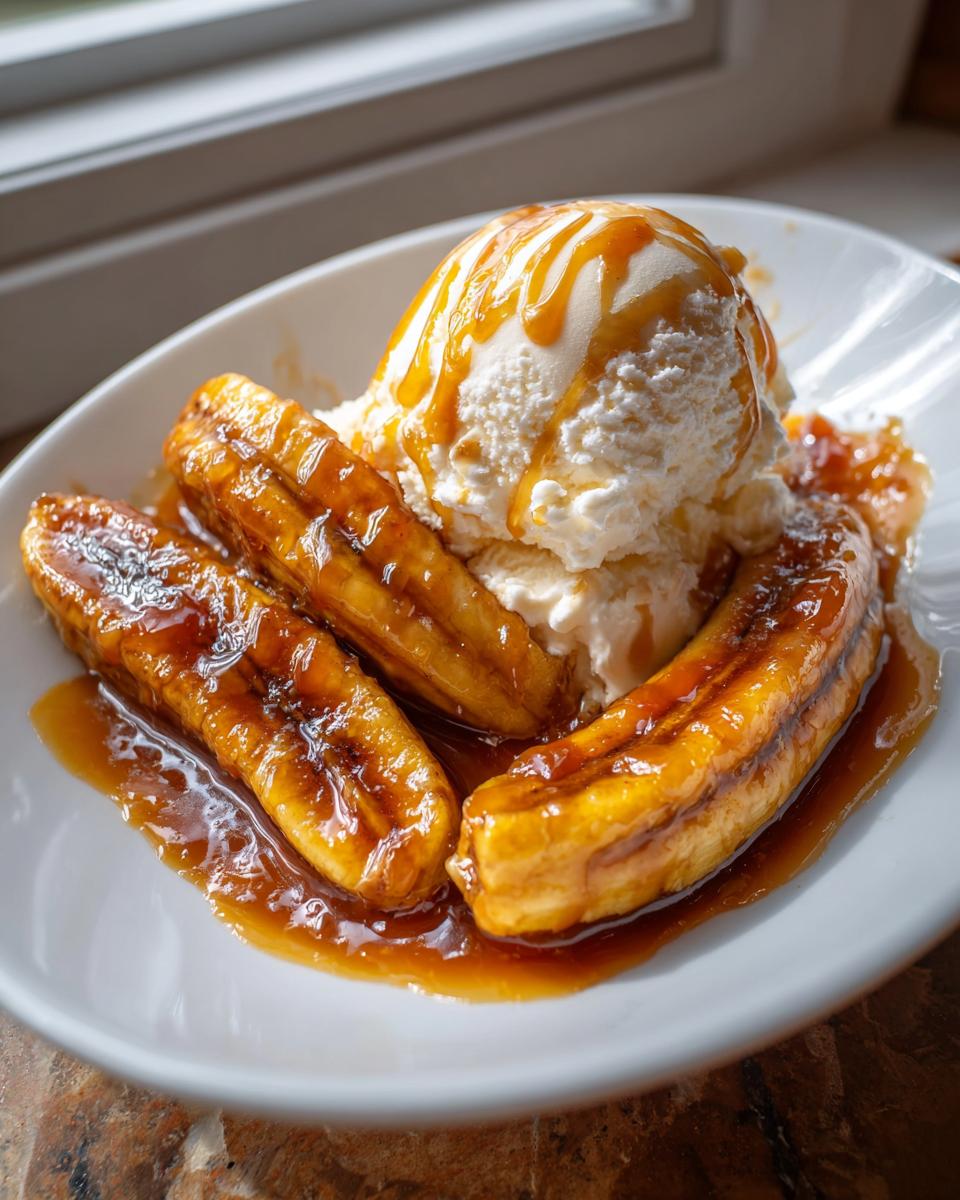 Close-up of caramelized bananas foster served with a scoop of vanilla ice cream drizzled in caramel sauce.