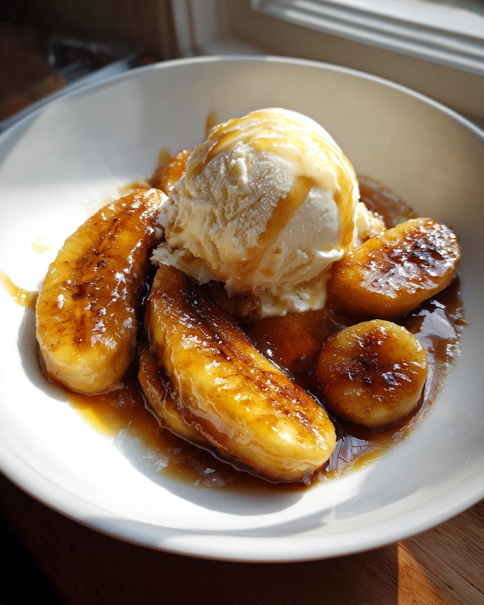A bowl of warm, caramelized bananas foster topped with a scoop of vanilla ice cream and drizzled with sauce.