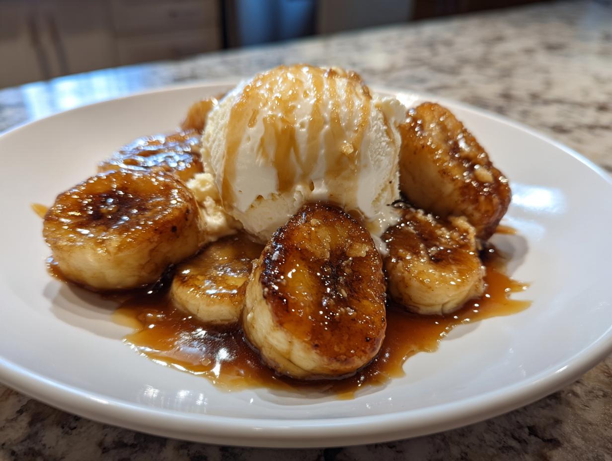 Close-up of caramelized bananas foster slices topped with a scoop of vanilla ice cream and caramel sauce.