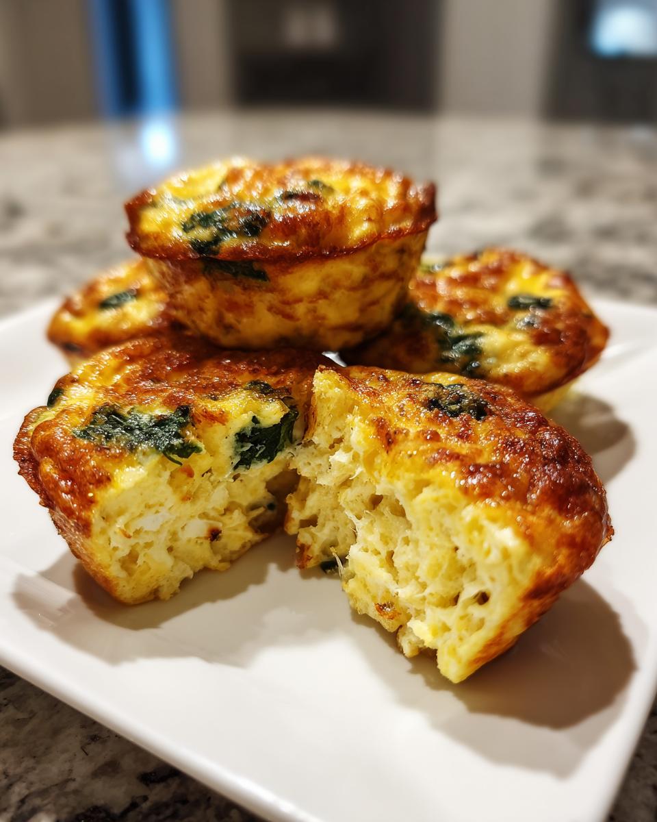 A stack of golden brown egg bites, with one cut in half showing the fluffy interior and spinach pieces.