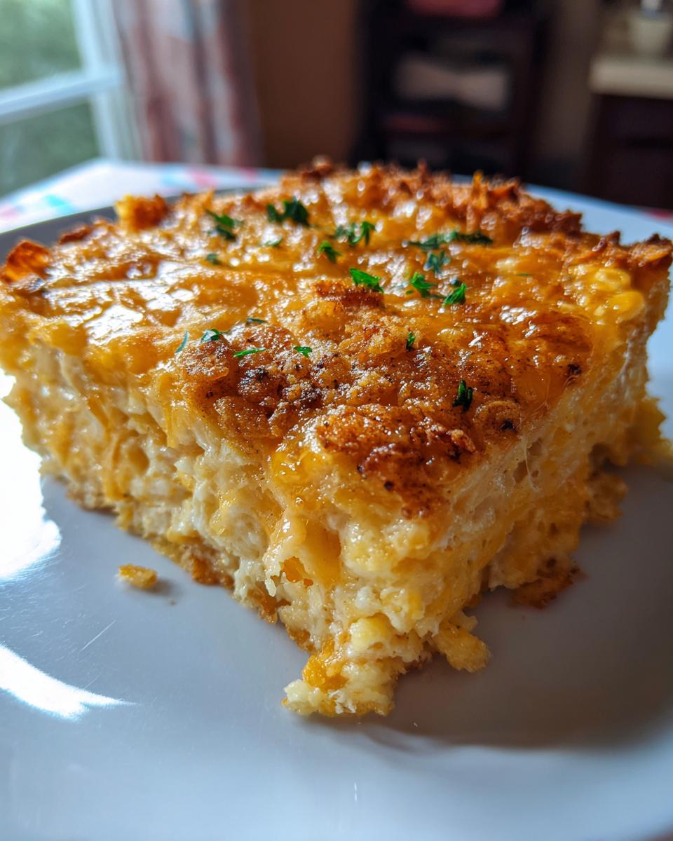 A close-up slice of creamy, cheesy hashbrown casserole with a golden-brown, crispy topping.