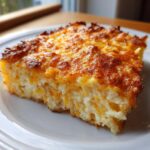 A close-up of a square slice of creamy hashbrown casserole with a deeply browned, cheesy top crust.