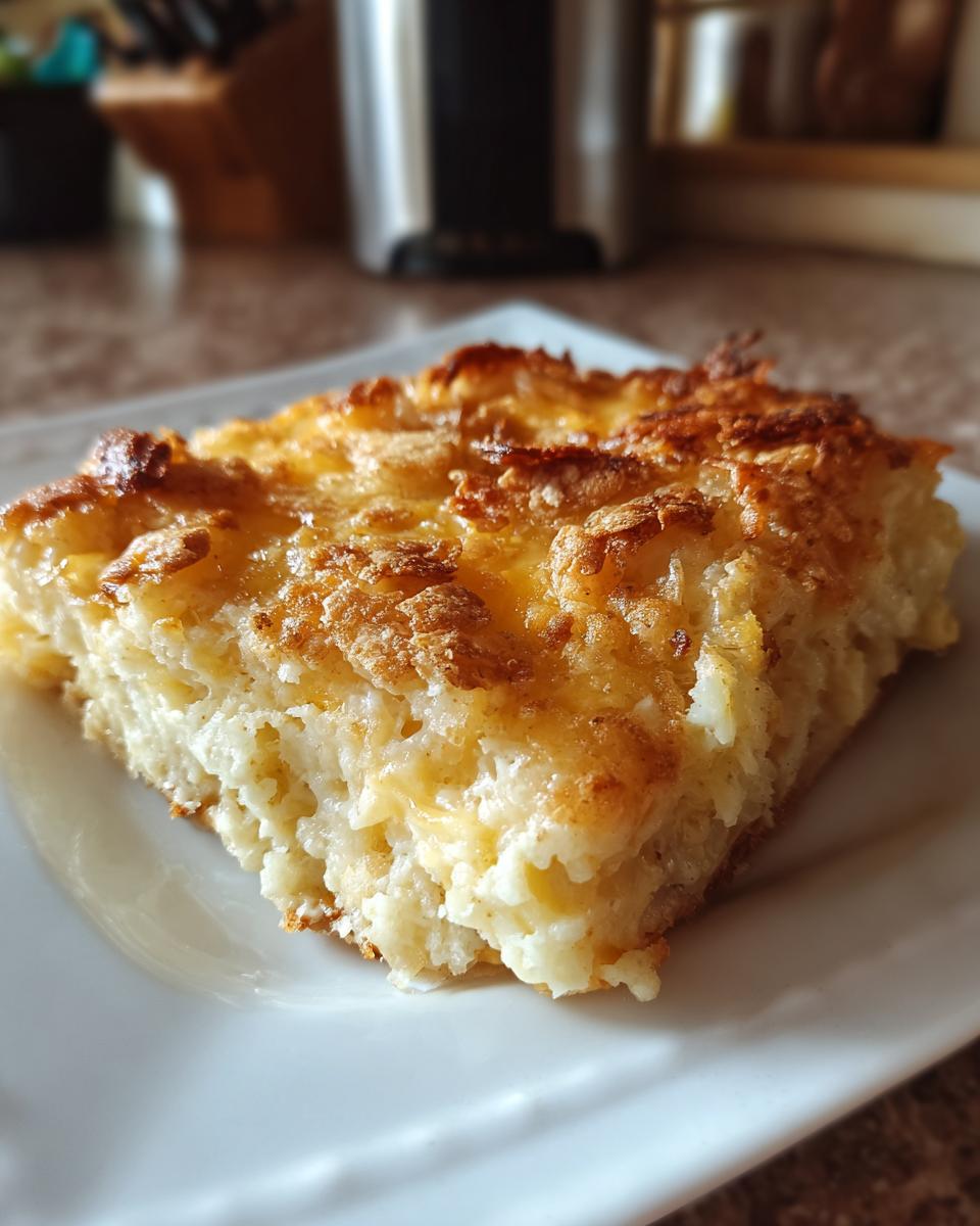 A square slice of creamy, baked hashbrown casserole with a golden, cheesy, crispy top, served on a white plate.