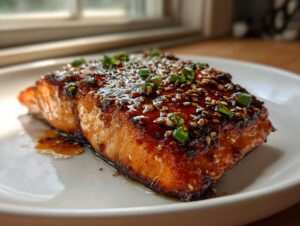 Close-up of a perfectly cooked piece of teriyaki salmon, glazed and topped with sesame seeds and chopped green onions.