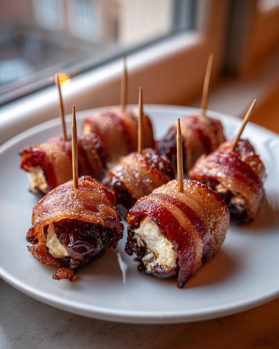 Close-up of several perfectly cooked bacon-wrapped dates stuffed with cheese, served on a white plate with toothpicks.