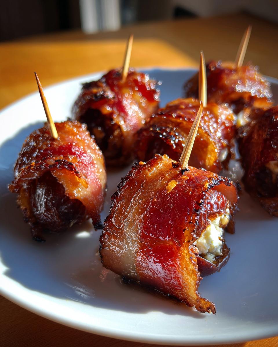 Close-up of several glistening, caramelized bacon-wrapped dates stuffed with cheese and held together with toothpicks.