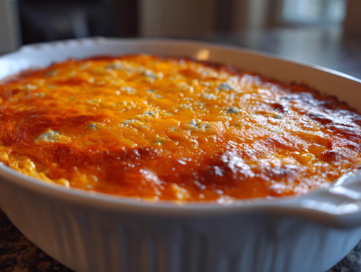 Close-up of a bubbling, cheesy Buffalo chicken dip topped with melted orange cheddar and blue cheese crumbles.