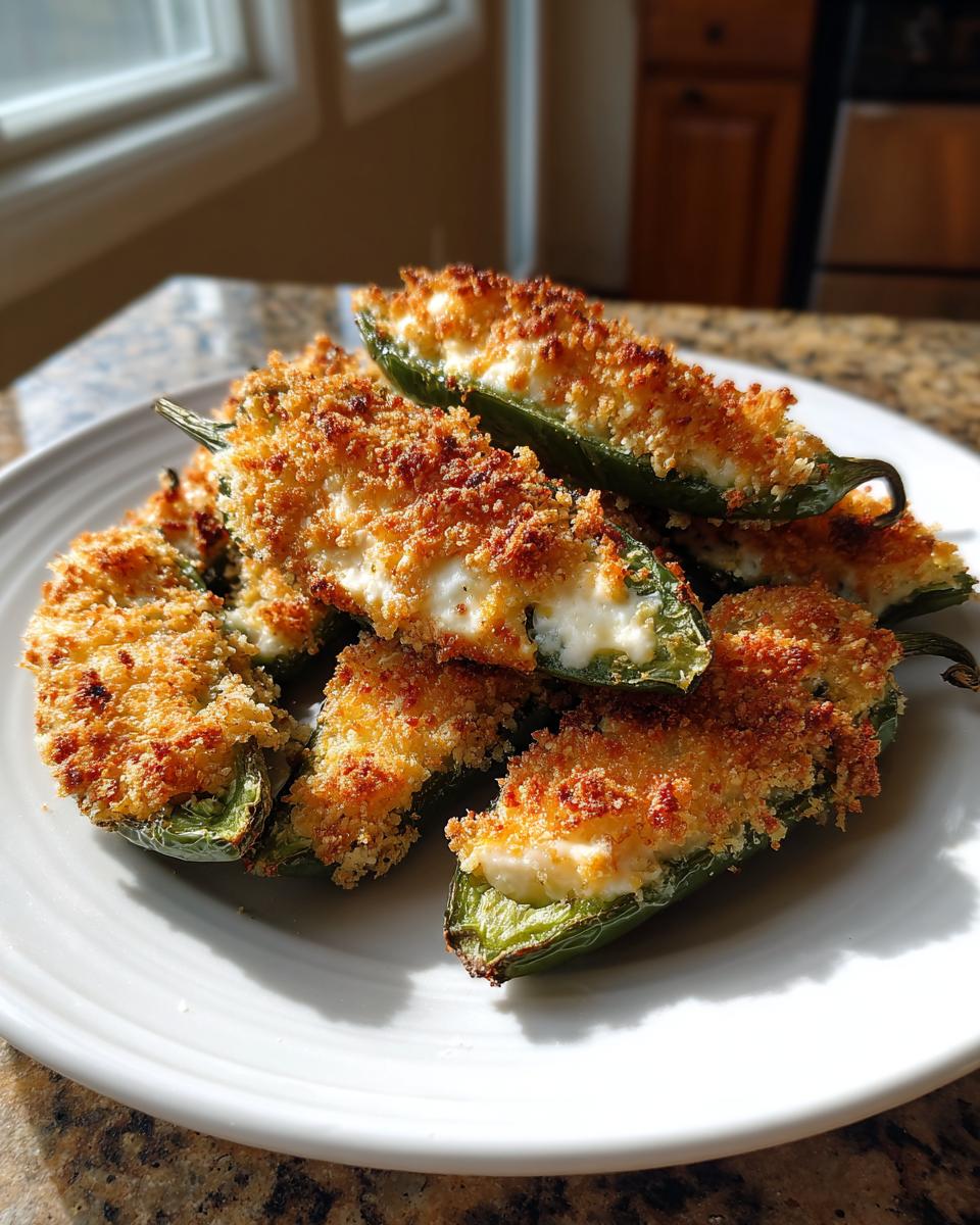 A pile of baked Jalapeño poppers, halved and stuffed with cheese filling and topped with golden breadcrumbs, served on a white plate.