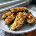 Close-up of baked jalapeño poppers stuffed with cheese and topped with golden, crunchy breadcrumbs.