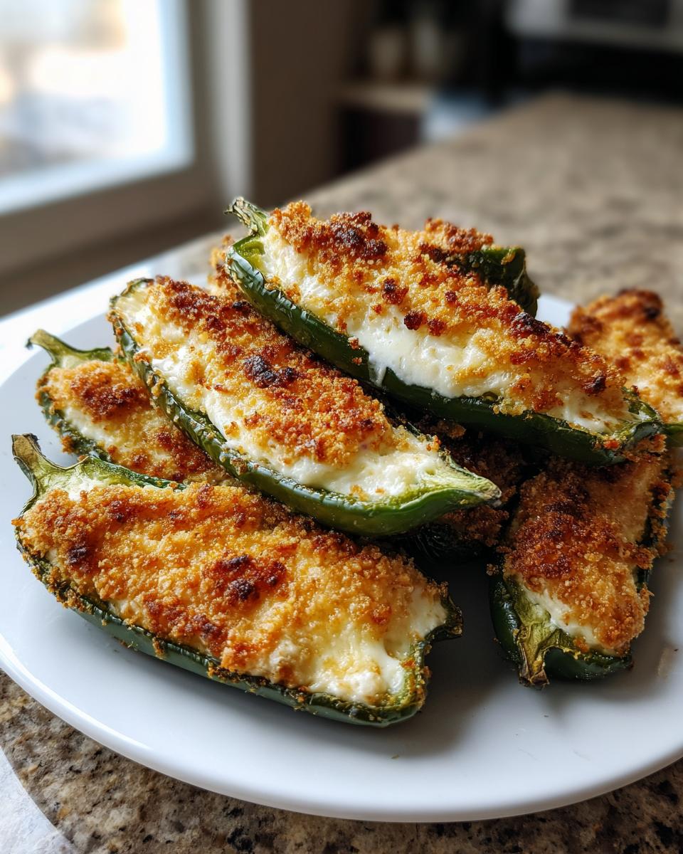 A pile of baked Jalapeño poppers stuffed with creamy cheese and topped with golden brown breadcrumbs, served on a white plate.