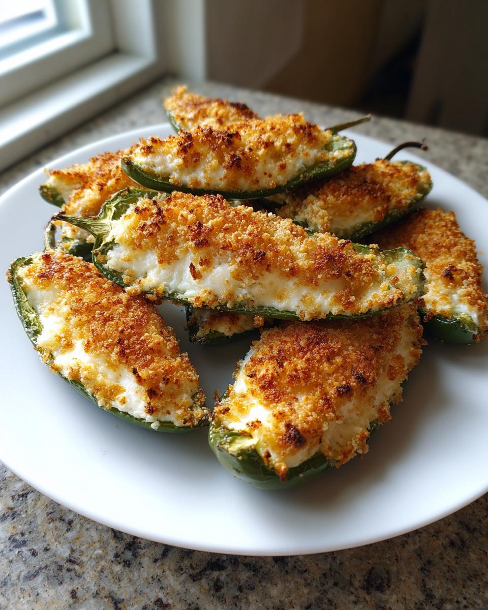 A white plate filled with baked Jalapeño poppers, stuffed with creamy filling and topped with golden, crispy breadcrumbs.