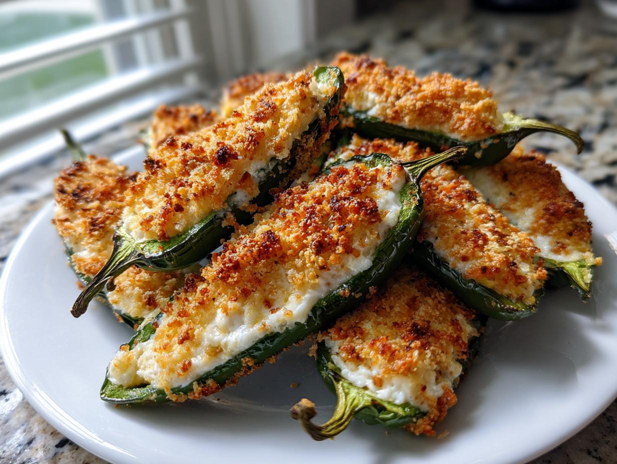 A pile of freshly baked jalapeño poppers, stuffed with cream cheese and topped with golden brown breadcrumbs, served on a white plate.