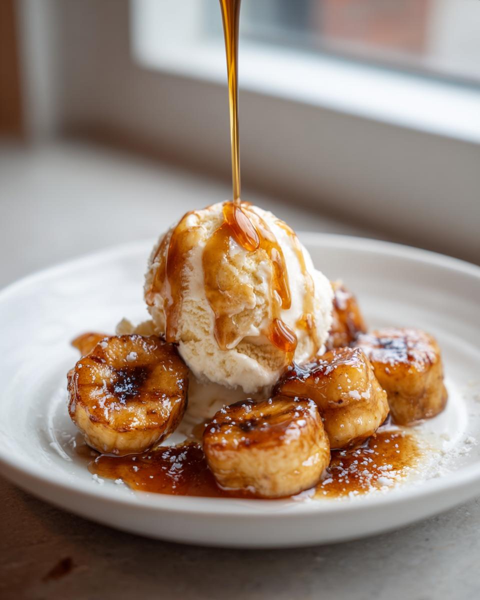 A scoop of vanilla ice cream topped with caramelized bananas and a rich sauce being drizzled, classic Bananas Foster.