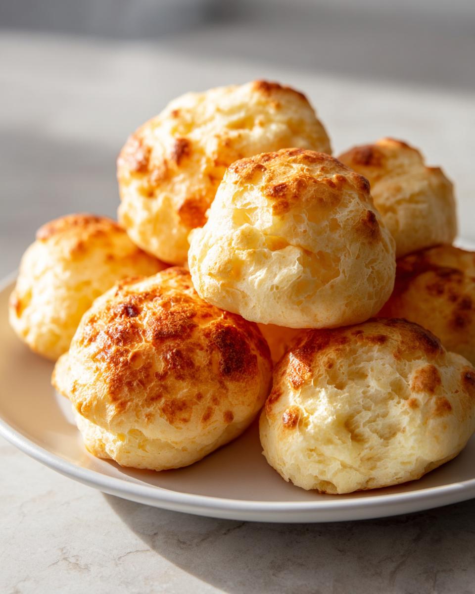 A stack of golden brown, puffy Brazilian cheese bread rolls served on a white plate.