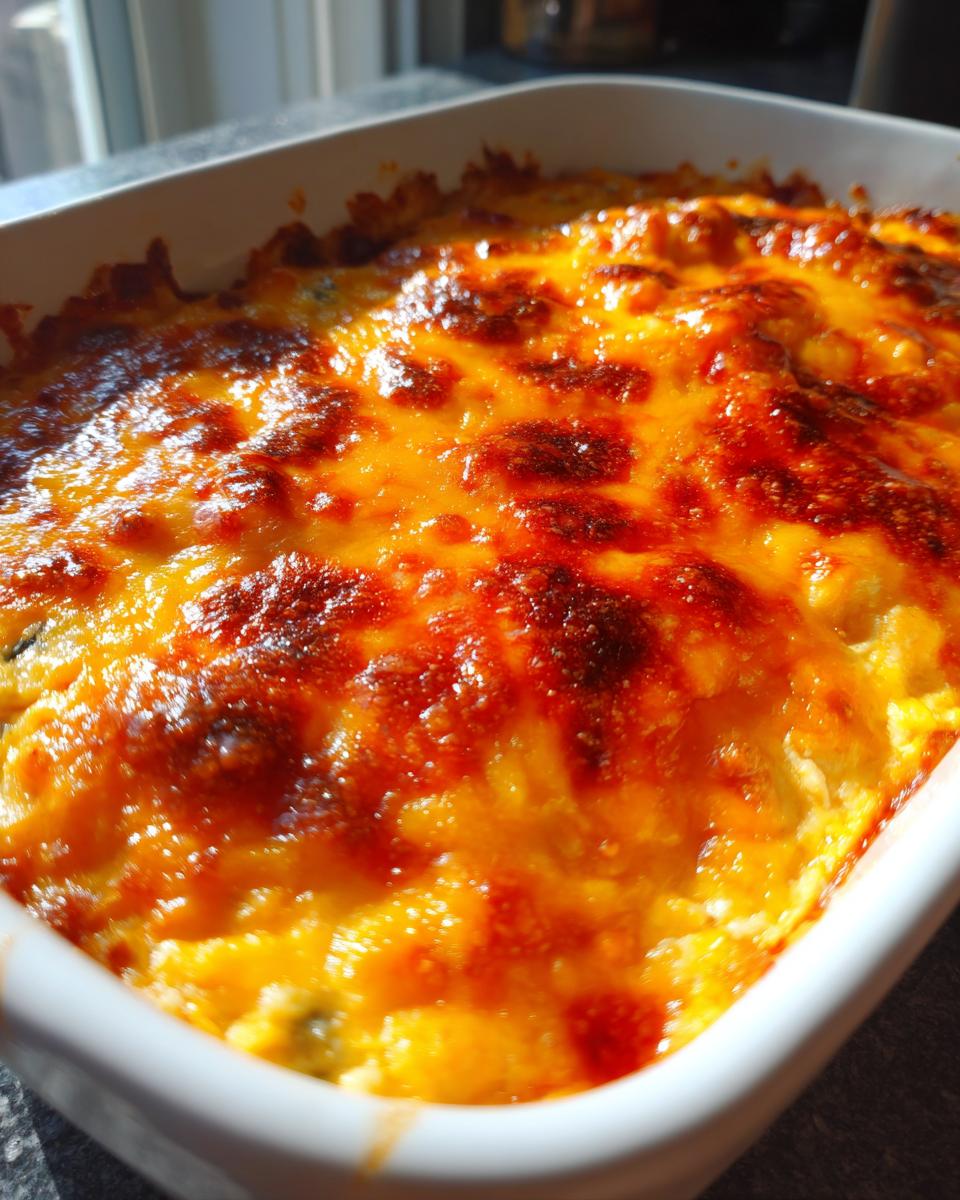 Close-up of hot, bubbly Buffalo chicken dip topped with deeply browned and melted cheddar cheese in a white baking dish.