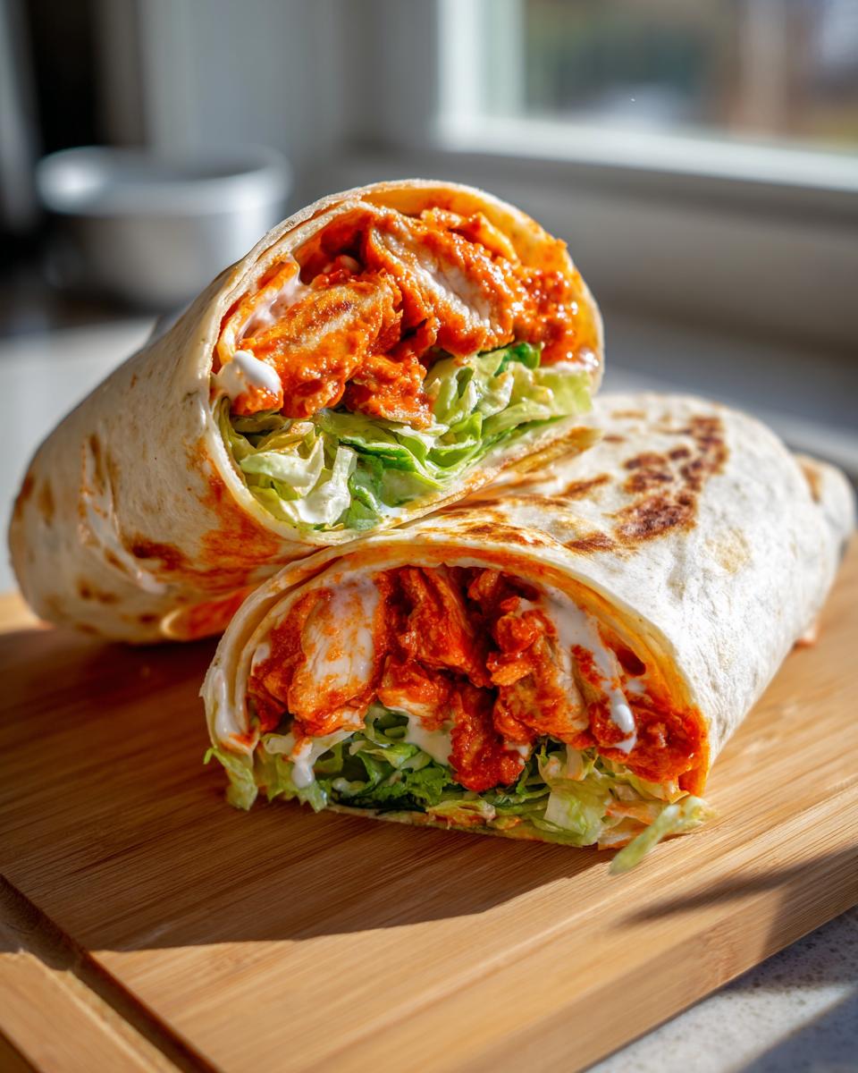 A buffalo chicken wrap cut in half, showing spicy chicken, lettuce, and ranch dressing inside a grilled tortilla.