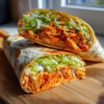 Close-up of a buffalo chicken wrap cut in half, showing shredded spicy chicken, lettuce, and ranch dressing.