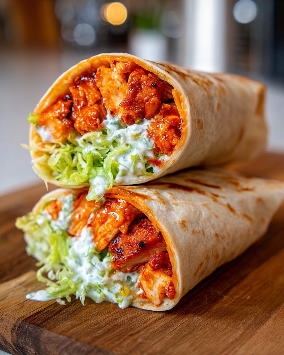 Close-up of a buffalo chicken wrap cut in half, showing spicy chicken, shredded lettuce, and creamy sauce.