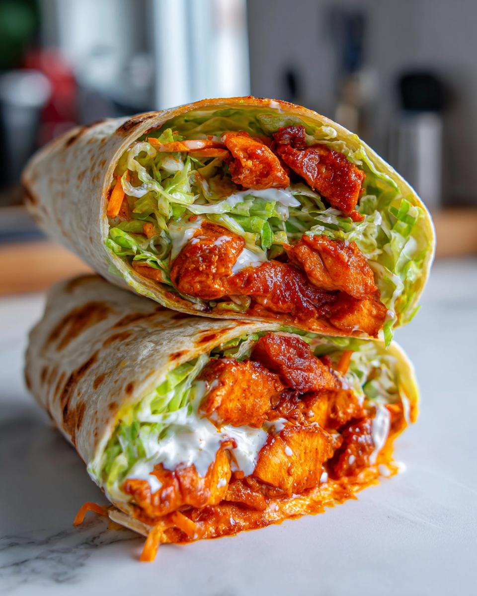 Close-up of a buffalo chicken wrap cut in half, showing spicy chicken, lettuce, and white sauce inside a tortilla.
