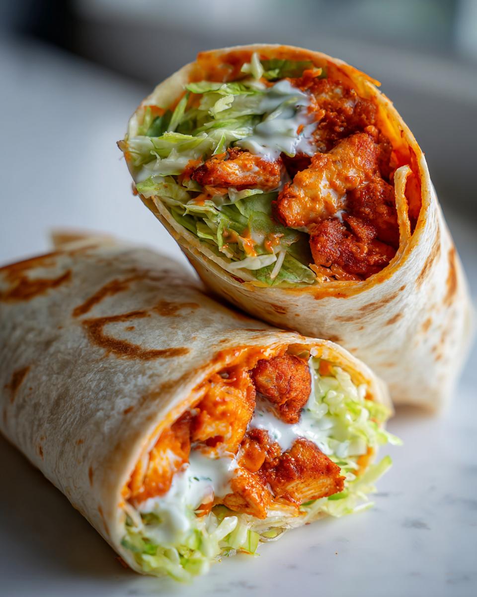 Two halves of a delicious buffalo chicken wrap cut open, showing spicy chicken, lettuce, and ranch dressing.