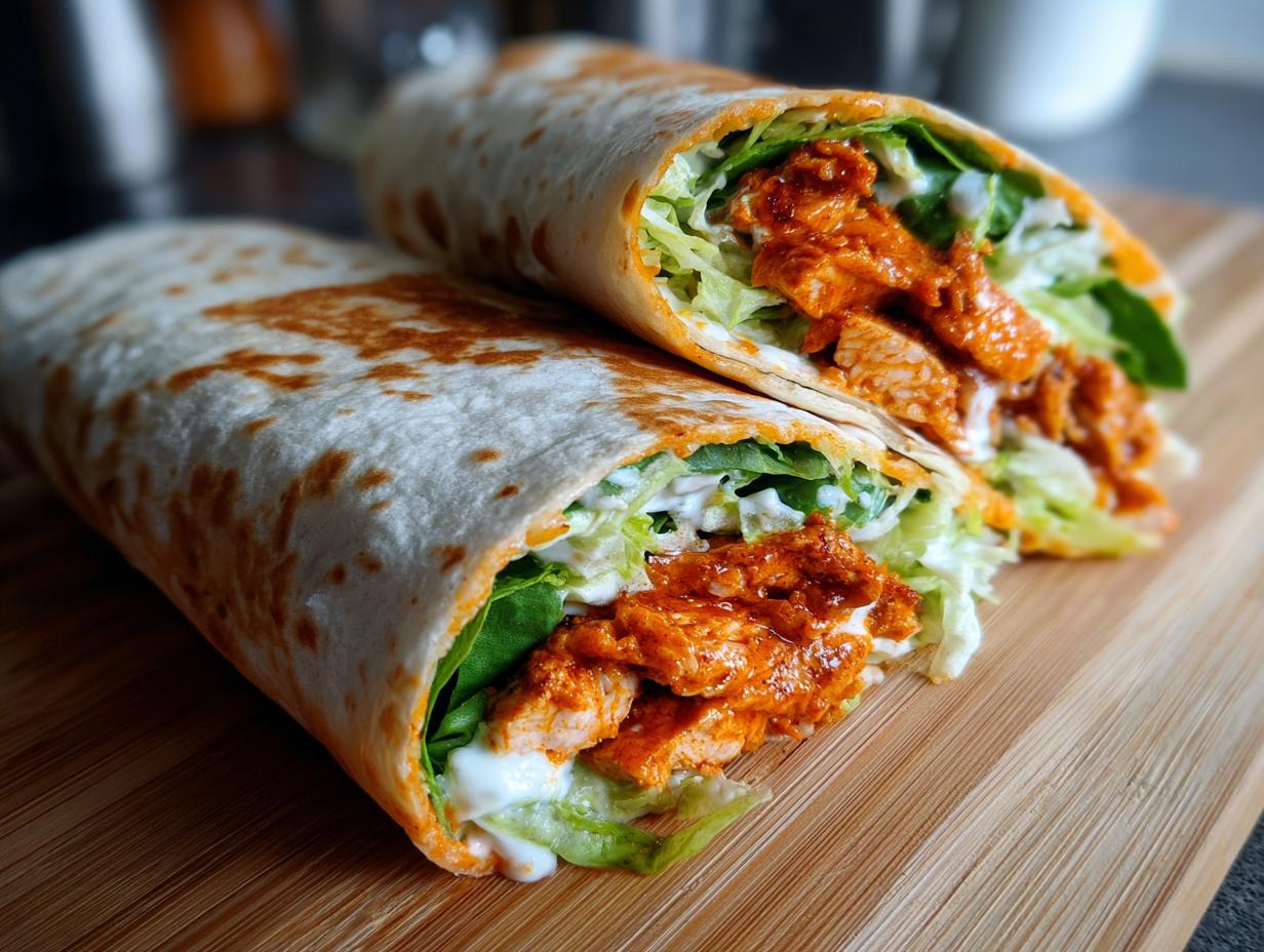 Two halves of a freshly made buffalo chicken wrap, showing spicy chicken, lettuce, and ranch dressing inside a toasted tortilla.