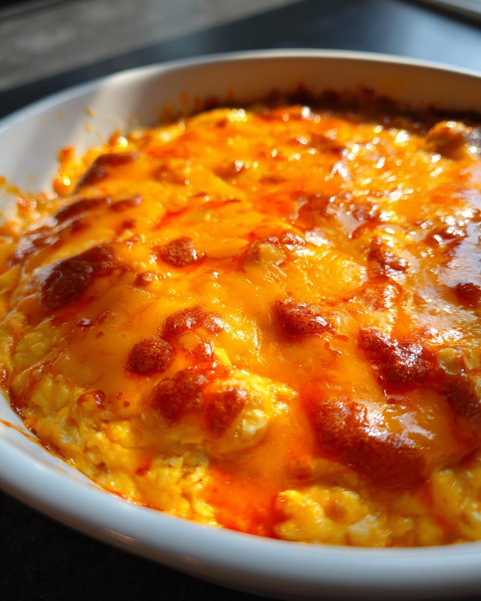 Close-up of hot, baked Buffalo chicken dip topped with melted, bubbly orange cheddar cheese.
