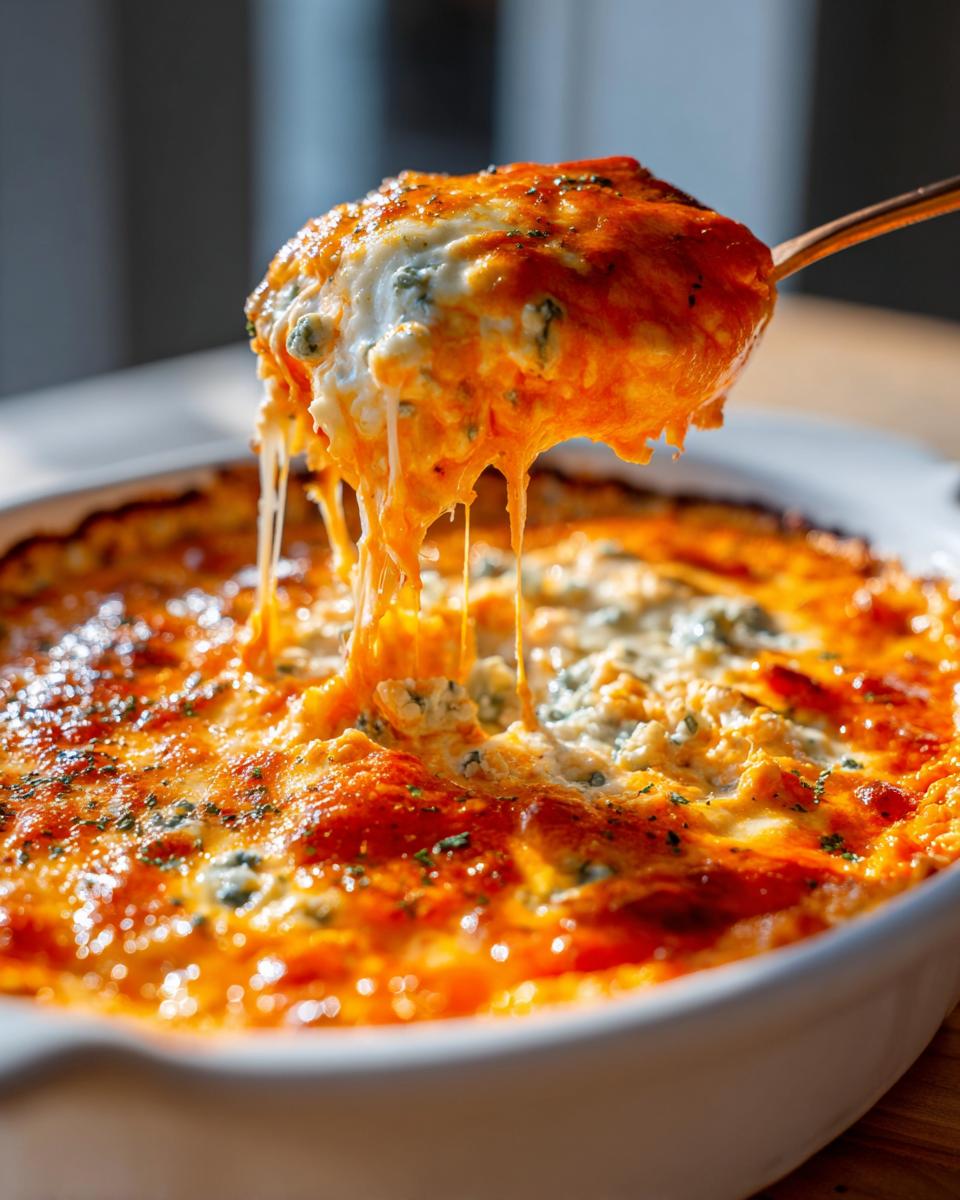 A spoonful of hot, cheesy Buffalo chicken dip being lifted, showing extreme cheese pull.