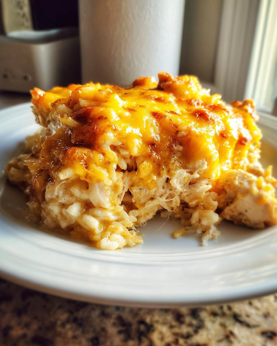 A close-up of a hearty serving of cheesy chicken and rice casserole with a golden, melted cheese topping.