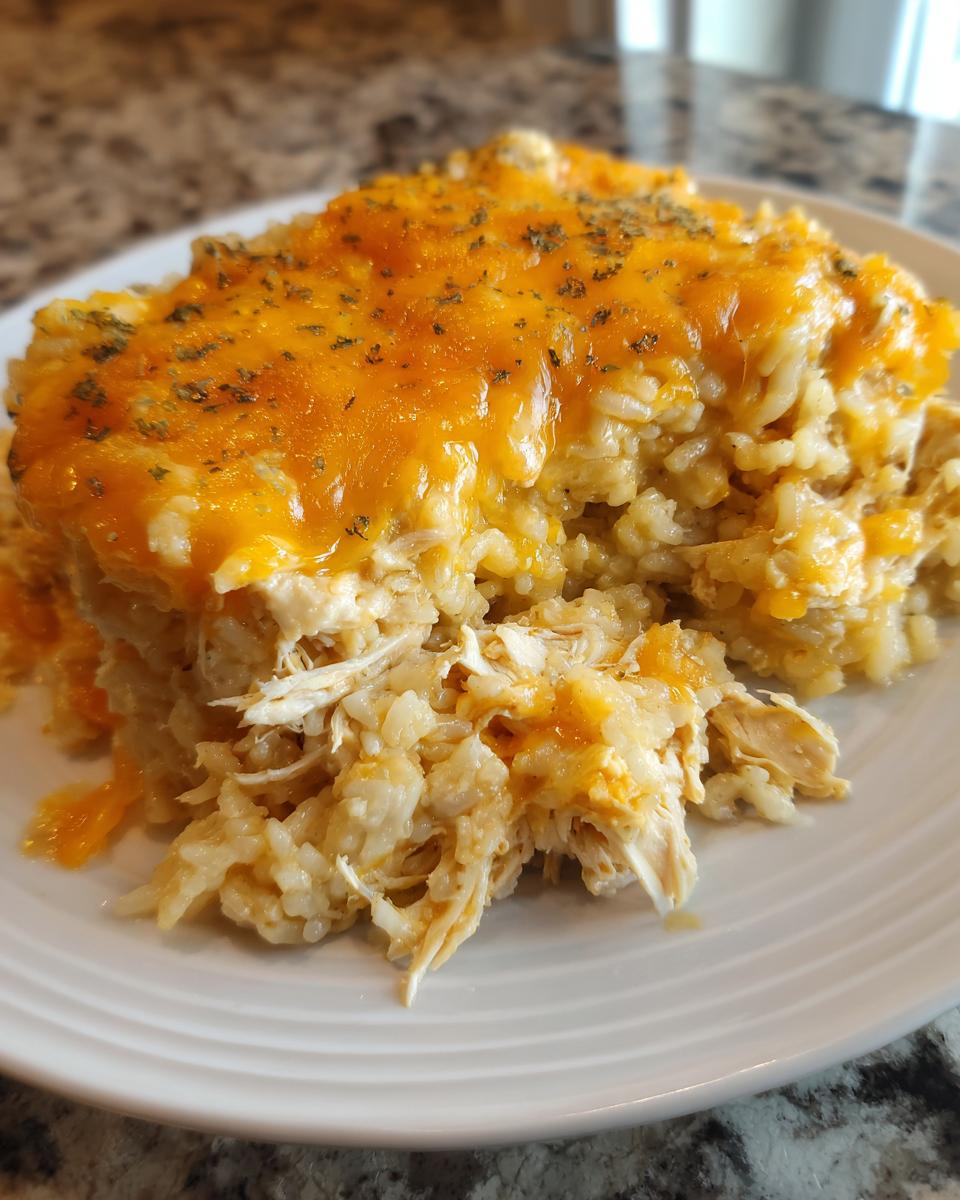 A serving of cheesy chicken and rice casserole topped with melted cheddar cheese and herbs on a white plate.