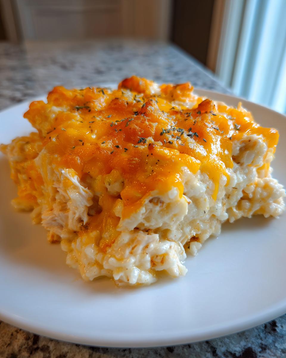 A close-up of a serving of cheesy chicken and rice casserole topped with melted cheddar and herbs.
