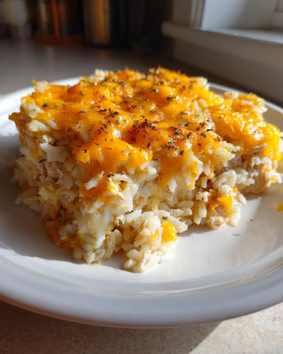 A scoop of cheesy chicken and rice casserole topped with melted cheddar cheese and herbs.