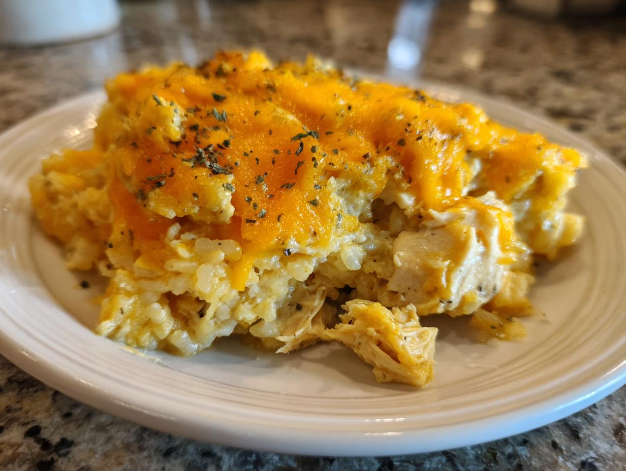 A close-up serving of cheesy chicken and rice casserole topped with melted cheddar and dried herbs.