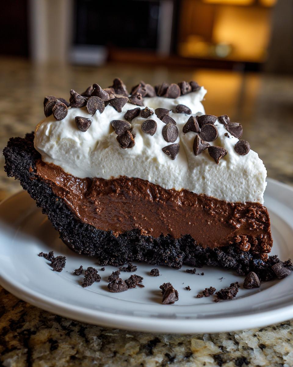 A decadent slice of Christmas chocolate cream pie featuring a dark crust, rich chocolate filling, and whipped cream topped with mini chocolate chips.