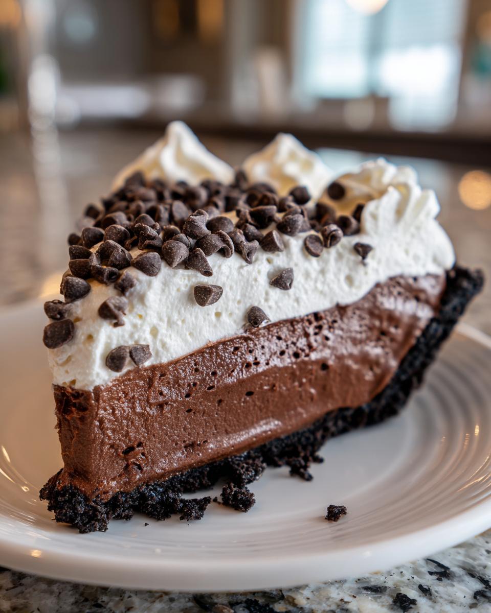 A decadent slice of Christmas chocolate cream pie featuring a dark crust, rich chocolate filling, and whipped cream topped with mini chocolate chips.