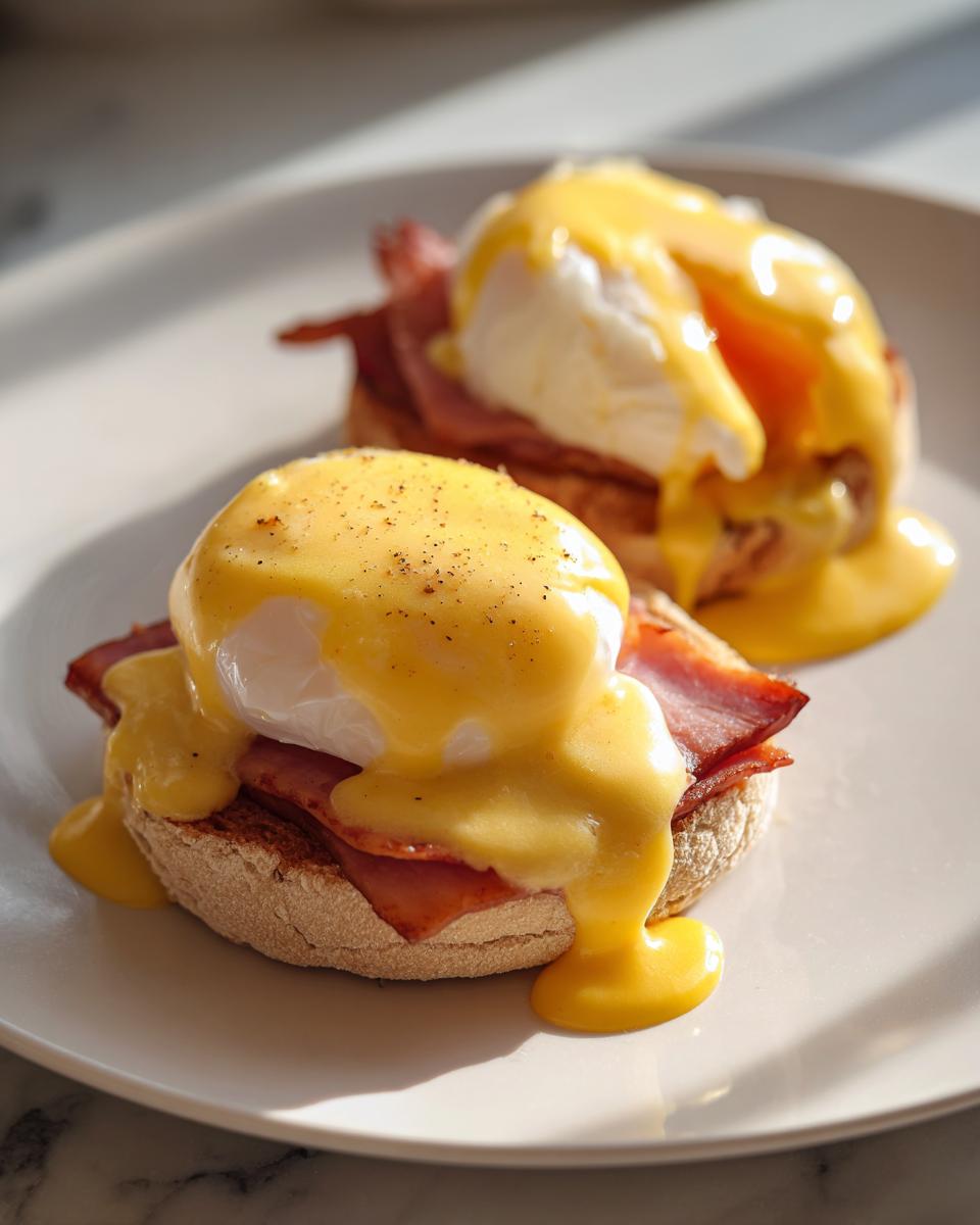Two servings of classic eggs benedict on an English muffin with ham and rich hollandaise sauce.