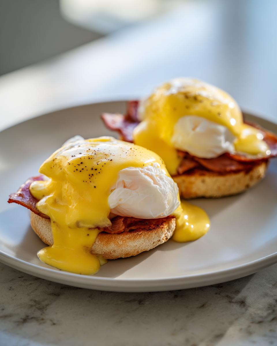 Two servings of classic eggs benedict featuring poached eggs, bacon, and dripping hollandaise sauce on an English muffin.