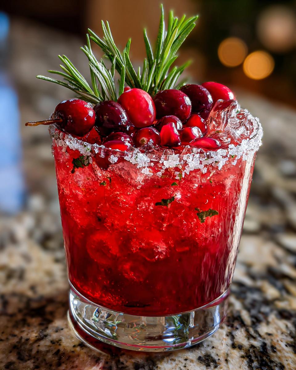A vibrant red cranberry pomegranate margarita cocktail garnished with fresh cranberries, pomegranate seeds, and rosemary sprigs.