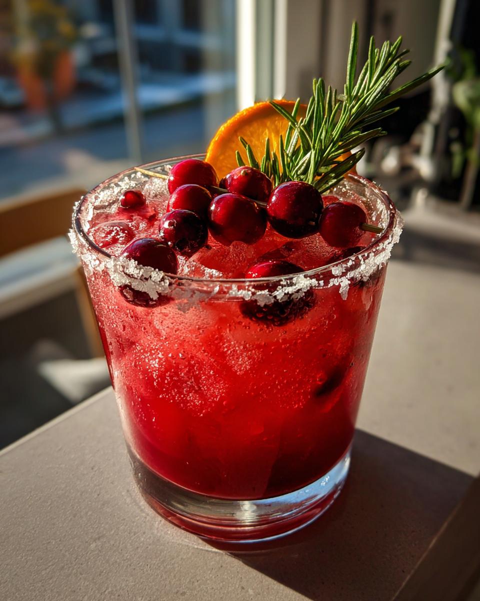 Close-up of a vibrant red cranberry pomegranate margarita with a salted rim, garnished with fresh cranberries, an orange slice, and rosemary.