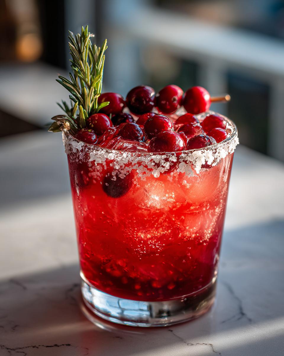 A bright red cranberry pomegranate margarita in a rocks glass with a salt rim, garnished with fresh cranberries and rosemary.