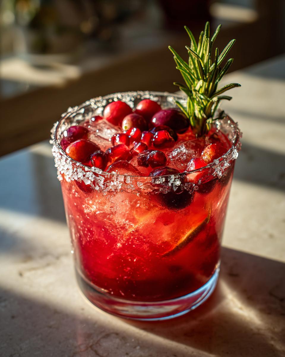 A vibrant red cranberry pomegranate margarita in a salt-rimmed glass, garnished with fresh cranberries, pomegranate seeds, and rosemary.