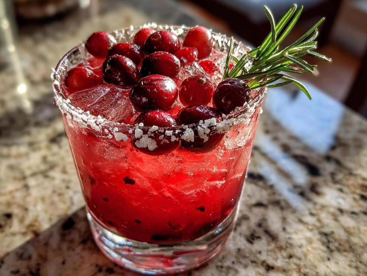 Close-up of a vibrant red cranberry pomegranate margarita garnished with fresh cranberries and rosemary.