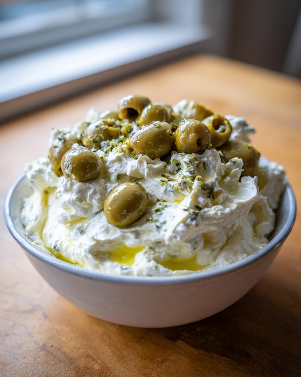 A white bowl filled with creamy, whipped cheese topped generously with whole green olives and olive oil, perfect for dirty martini dip.