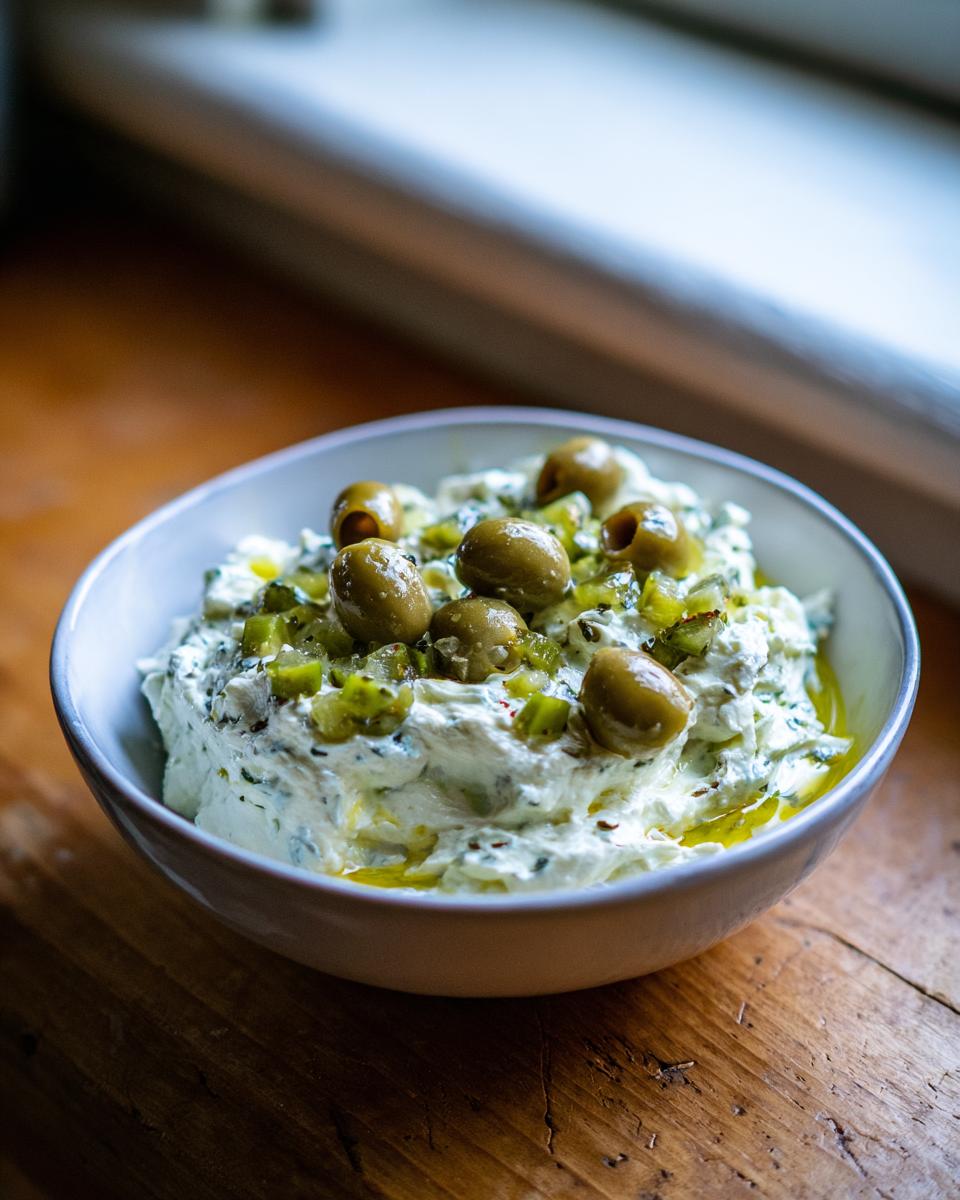 A close-up of a creamy dirty martini dip topped with whole green olives and chopped brine.