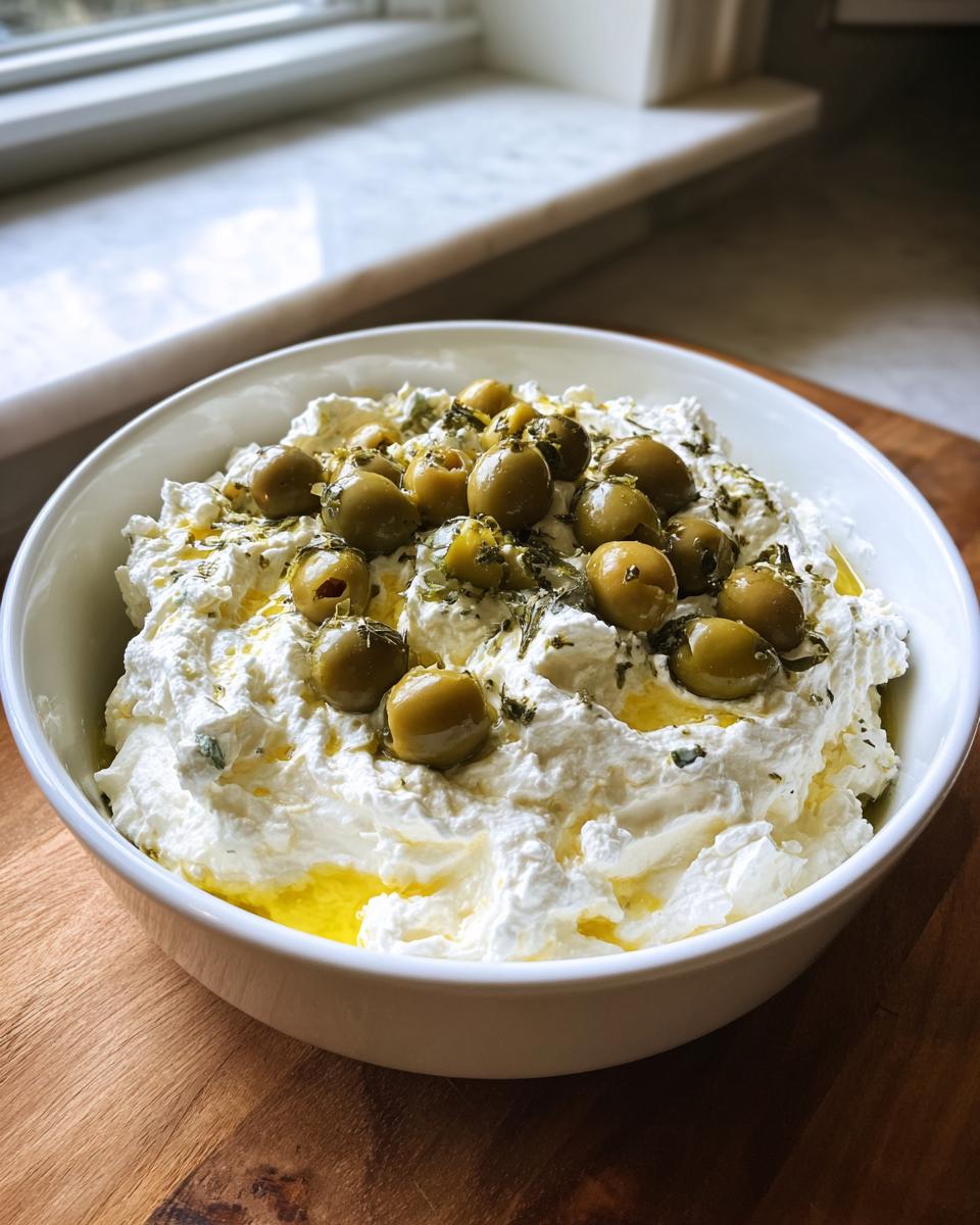 A white bowl filled with creamy dirty martini dip, topped generously with green olives and olive oil.